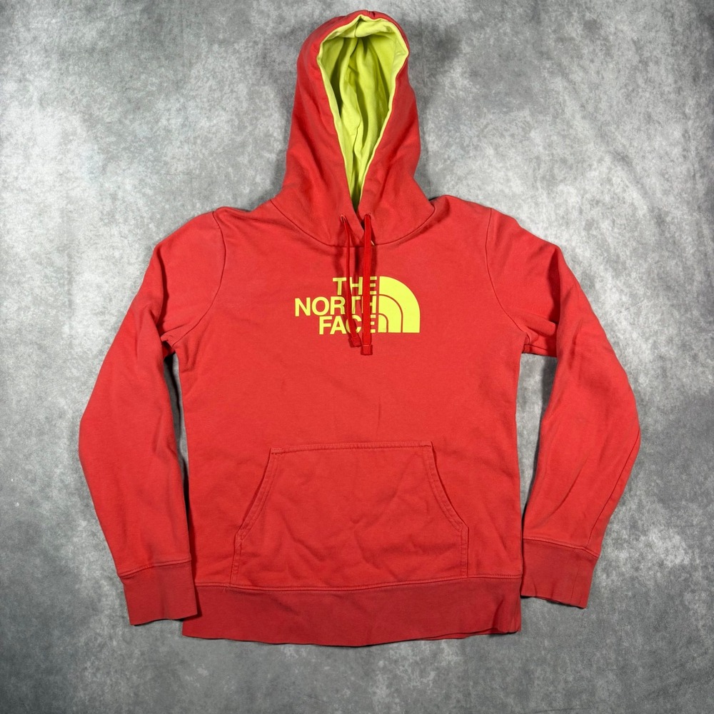 The North Face Womens Hoodie Medium Coral Red Neon Yellow Logo Pullover Sporty